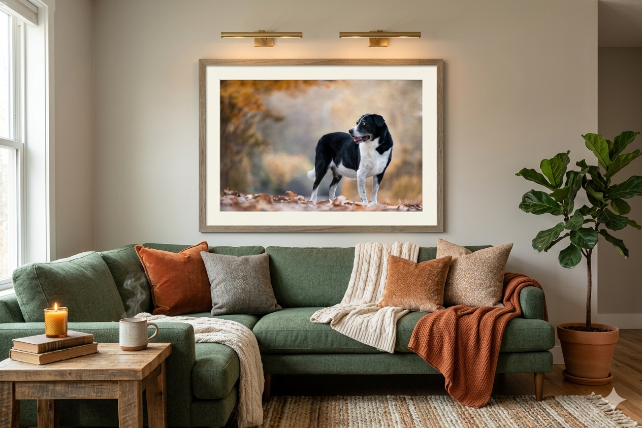 Modern living room interior with sage green sofa, orange throw blanket, and natural light from large windows.