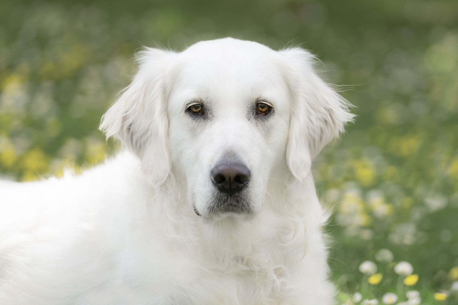 Close-up portrait of a white Golden Retriever puppy in a field of flowers.
