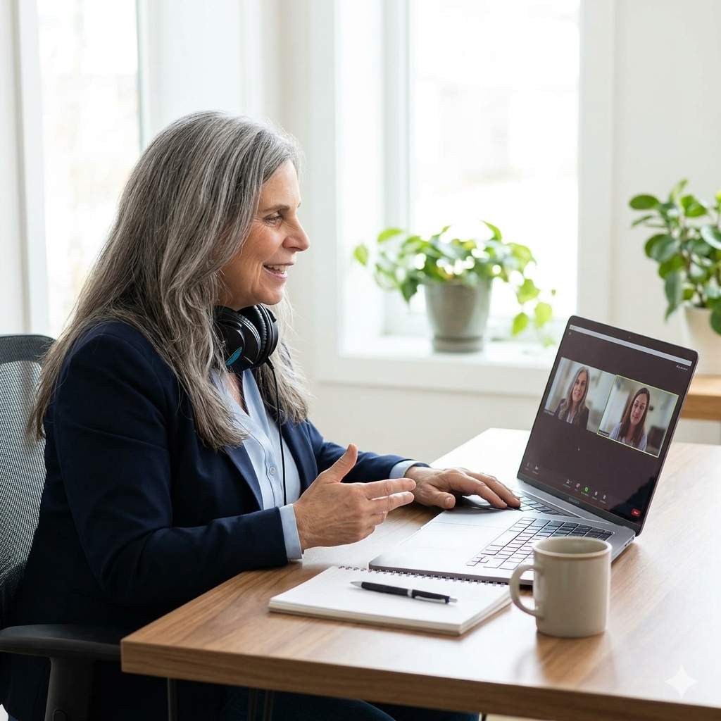 Professional using laptop computer at desk in bright modern office with coffee cup and plants in background.