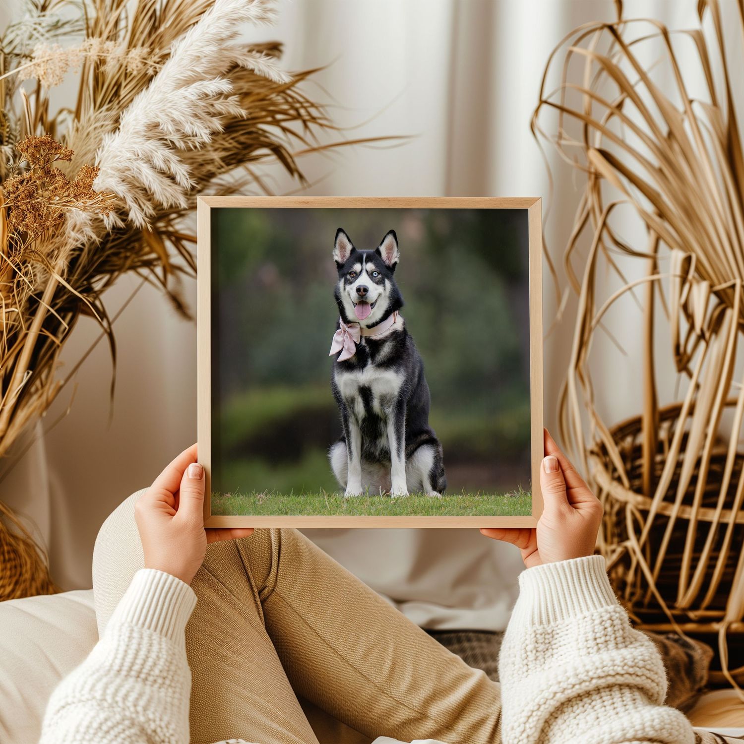 Hands holding a framed photo of a husky dog against a backdrop of dried pampas grass.