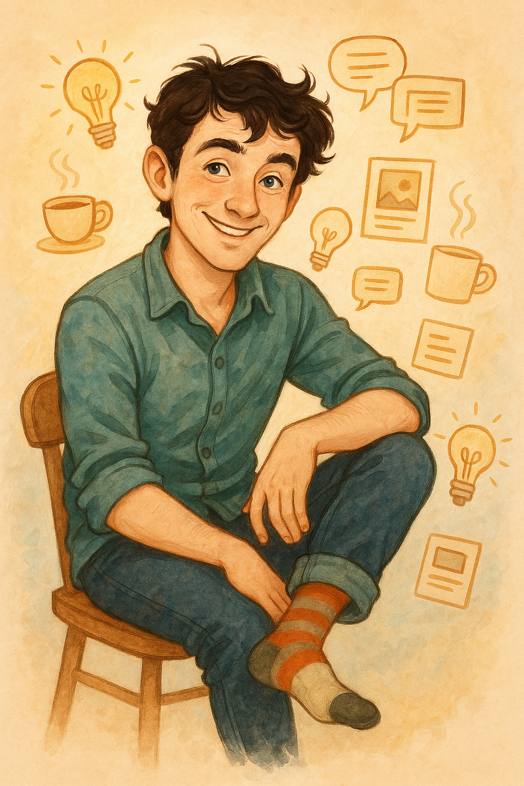 Illustrated character sitting casually surrounded by lightbulbs and coffee cup icons.