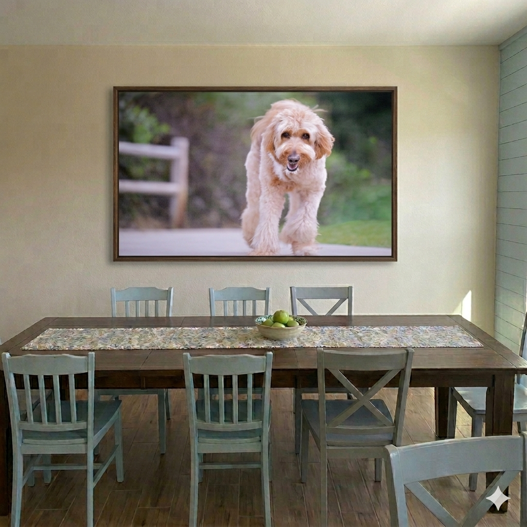 Large wall art of a fluffy goldendoodle dog displayed above a farmhouse dining table with blue-gray chairs.