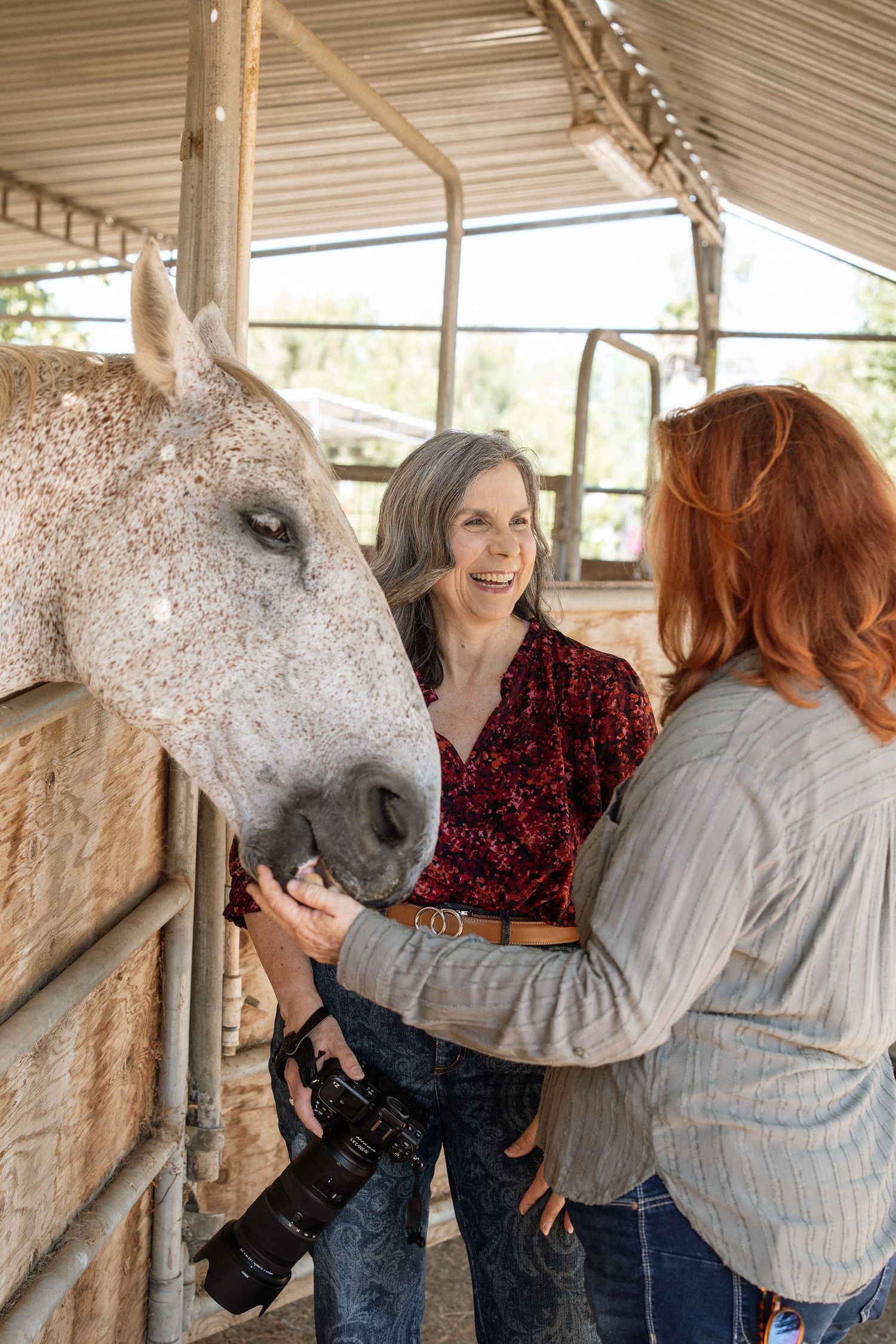 Two women interact with a gray horse in a stable, one holding a camera, both smiling warmly.
