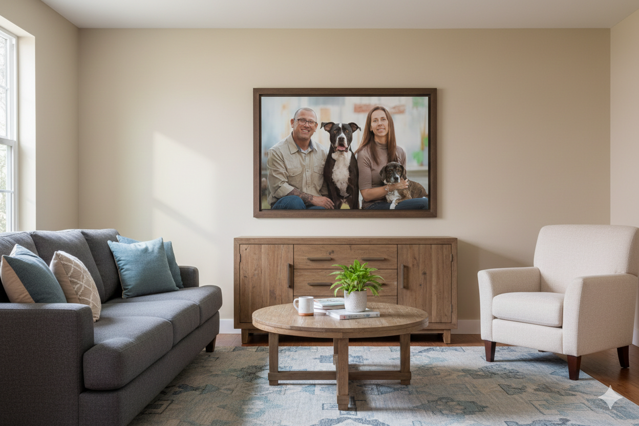 A modern living room features a gray sofa, wooden credenza, white armchair and framed artwork above the furniture.