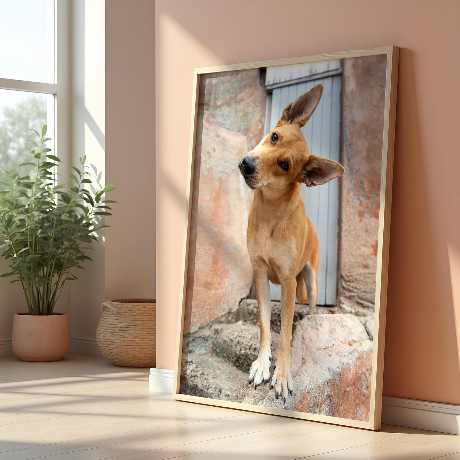 Gallery wall featuring framed dog portraits against a peachy pink wall with natural lighting.