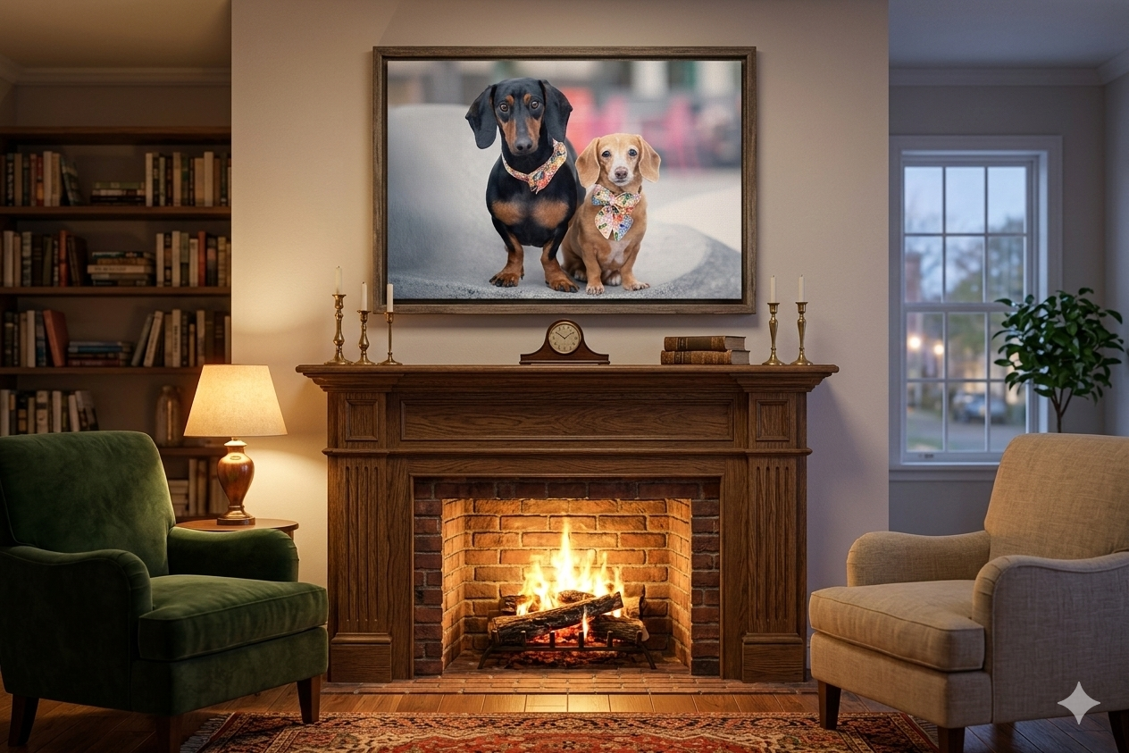 Cozy living room interior with warm lighting, fireplace, bookshelves and comfortable seating arrangements.