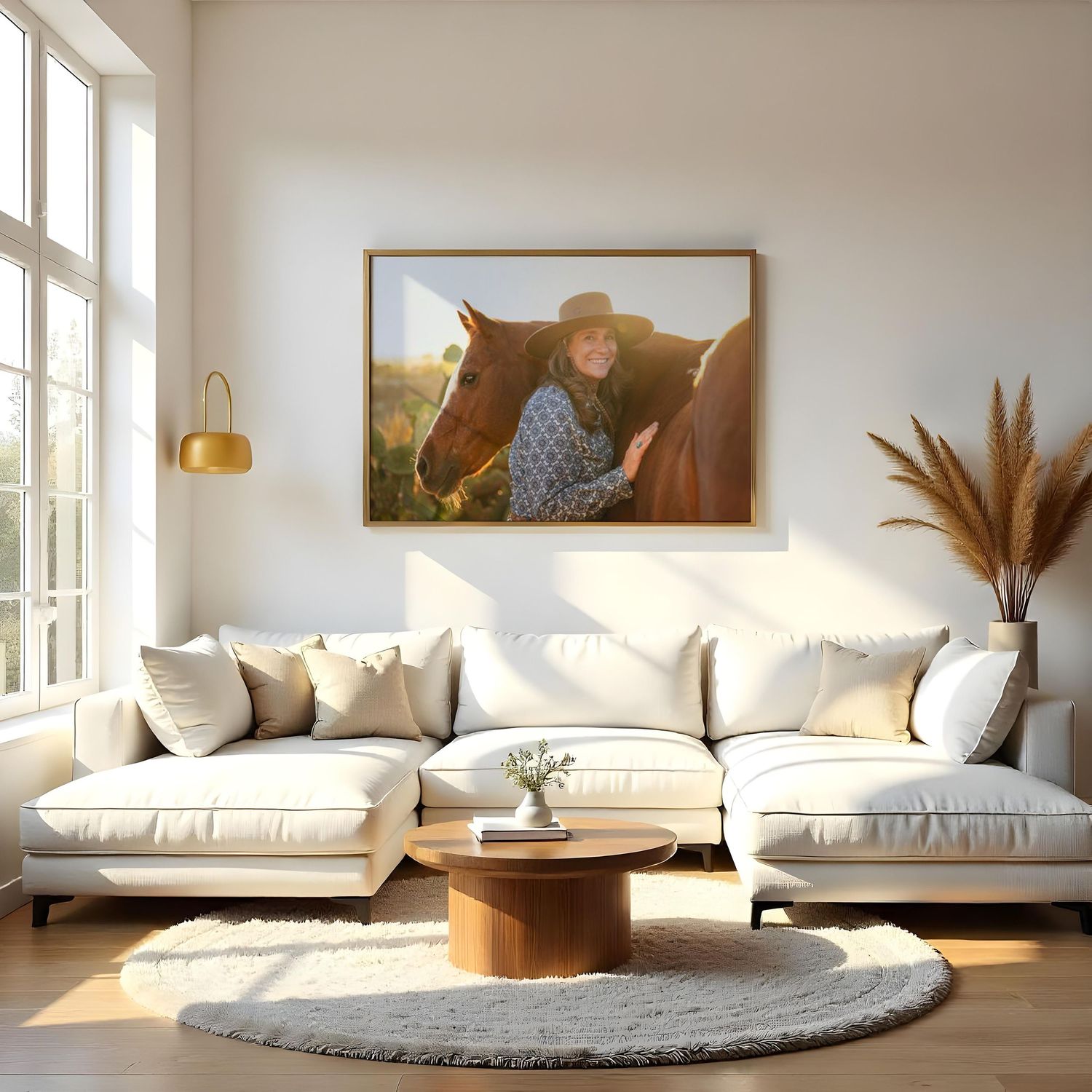 Modern living room interior with white sectional sofa, round area rug, and natural light from large windows.