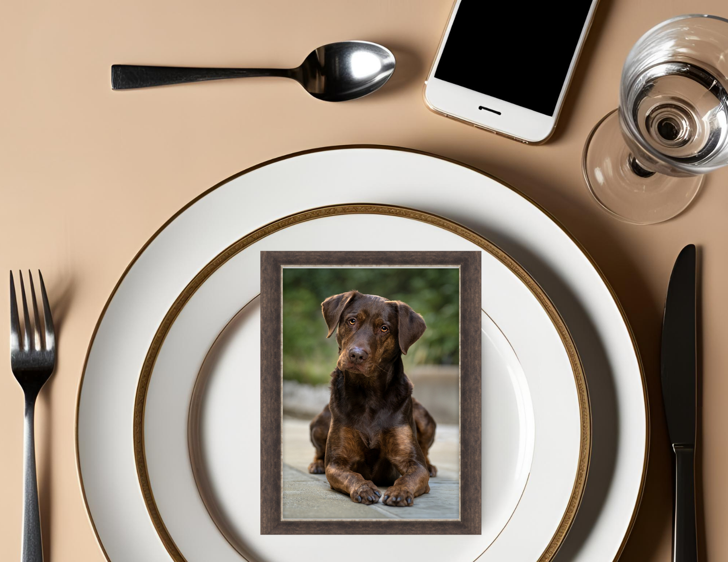 Elegant place setting with white plates and cutlery on beige background.