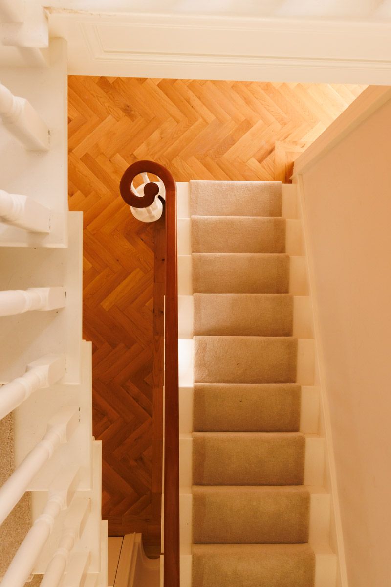 Architectural detail of stairwell and railing.