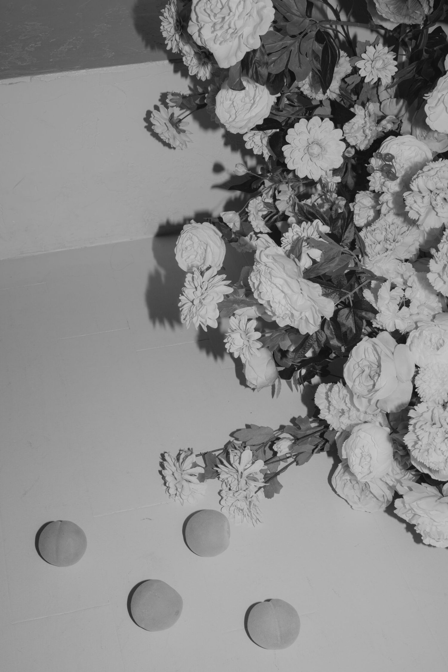 High contrast black and white still life of white carnations with spherical vases creating dramatic shadows.
