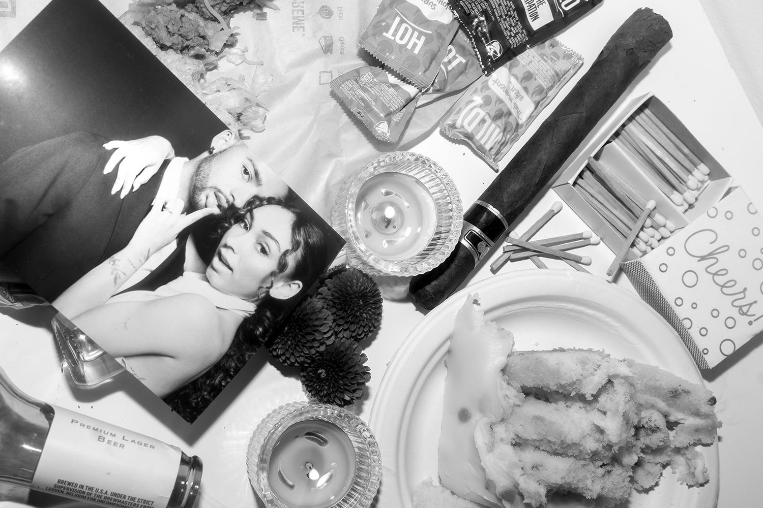 Black and white photo collage showing various lifestyle moments and memories.