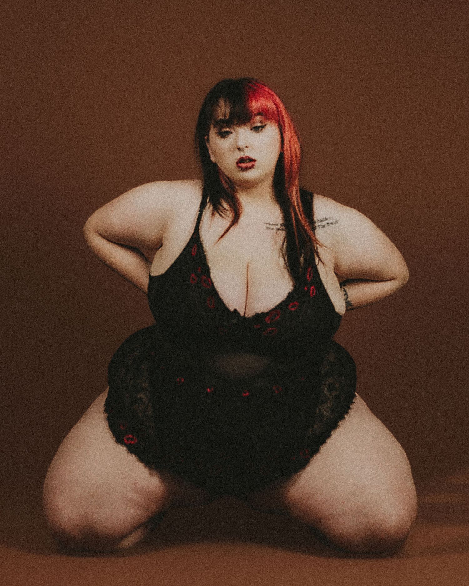 A series of boudoir portraits showing a model in black lingerie against a dark brown background.