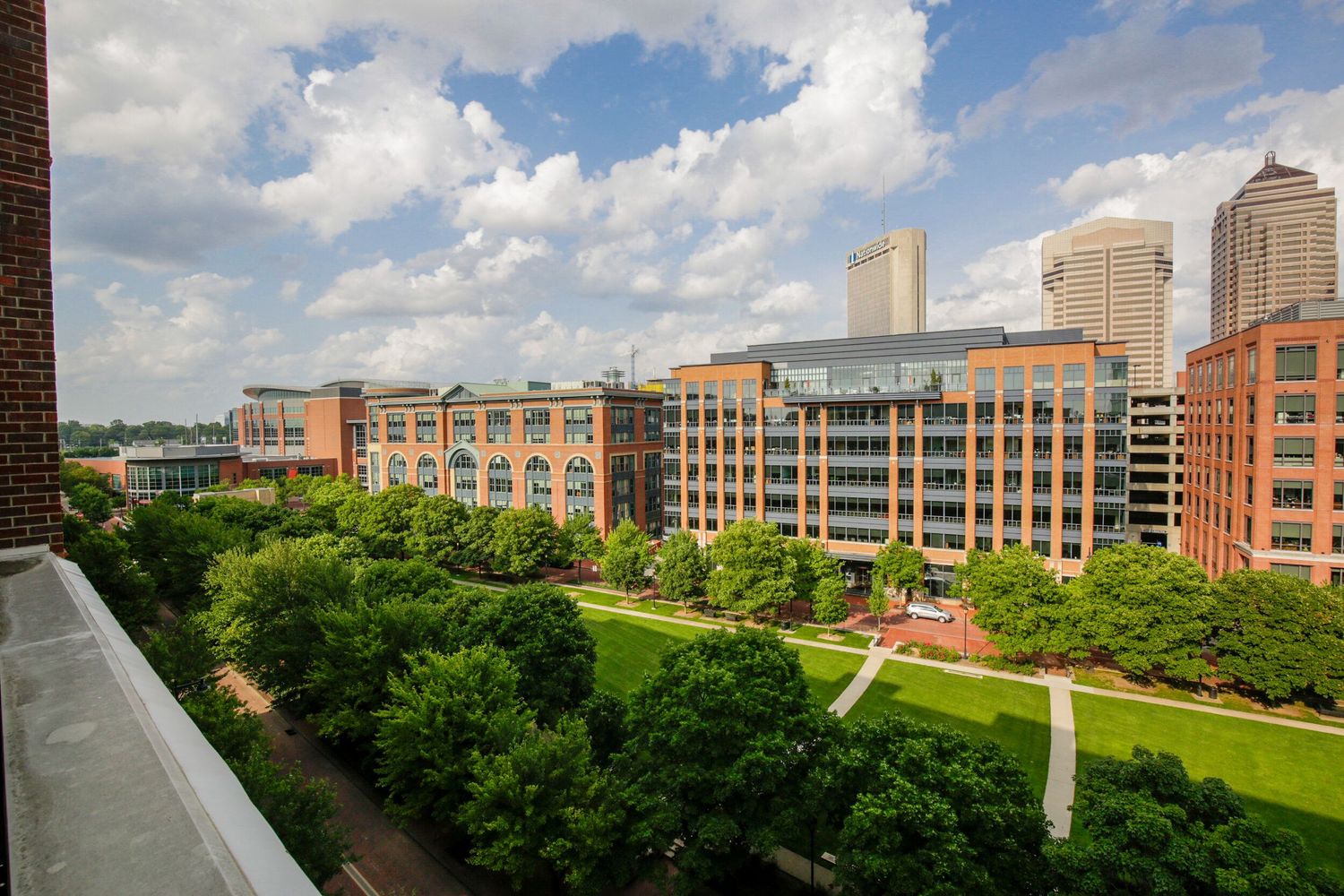 Aerial drone photography of apartment buildings in downtown Columbus, Ohio