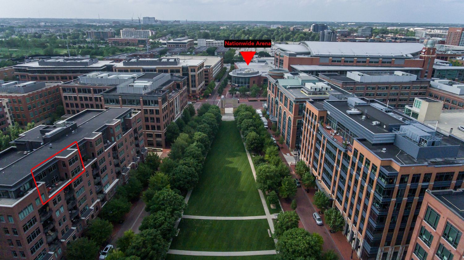 Drone view of urban residential complex and city skyline in Columbus, Ohio