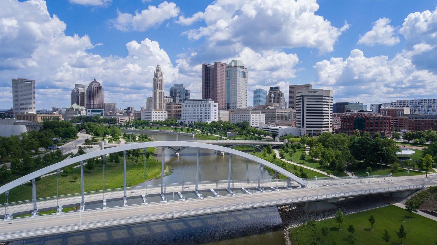 Aerial drone photo of the Scioto Mile in Columbus, Ohio