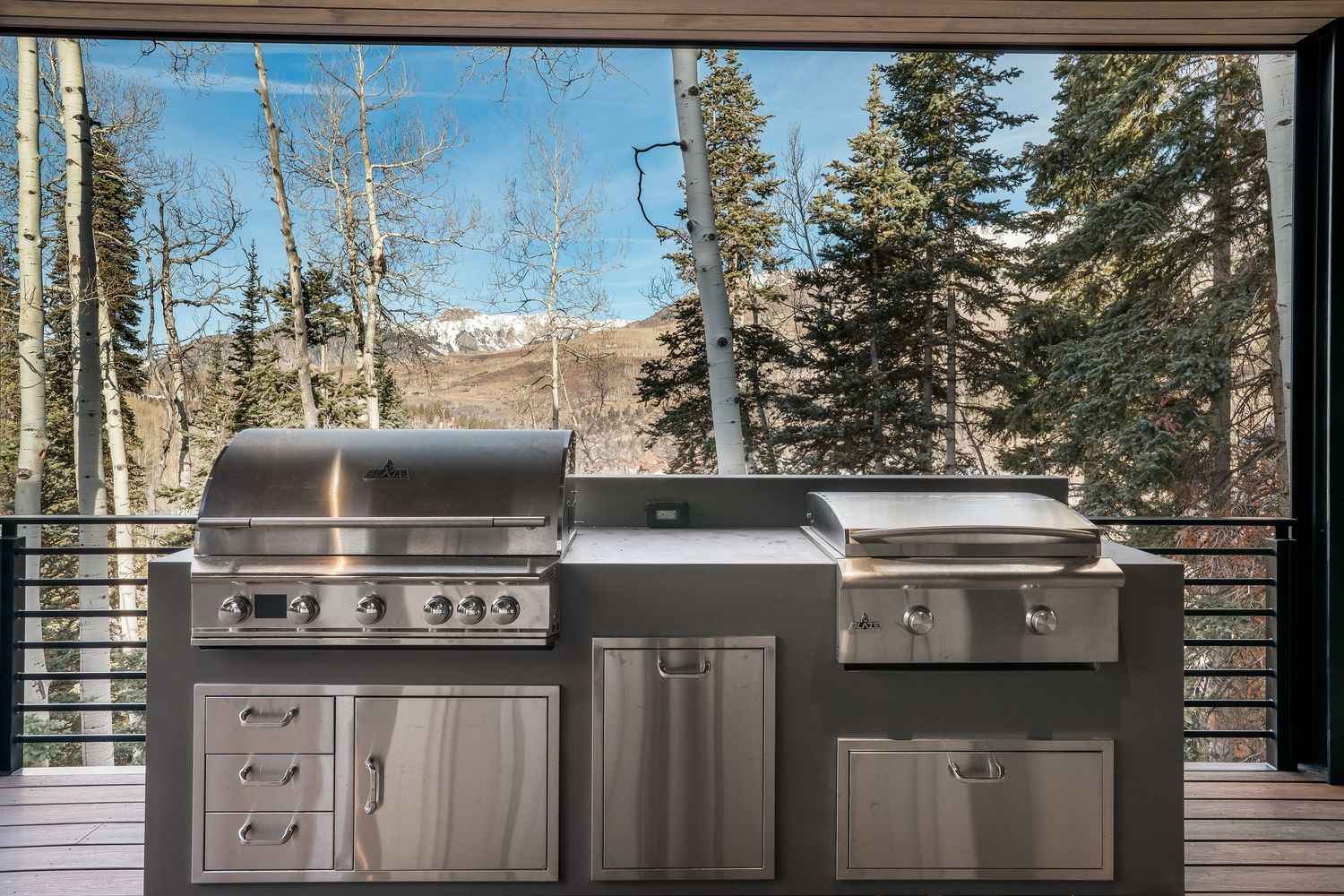 Outdoor kitchen setup featuring stainless steel appliances with mountain views and pine trees in background.