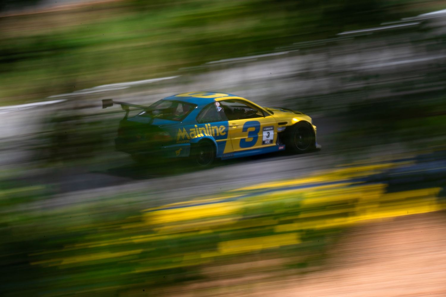 Blue and yellow race car speeding past green foliage on a racing circuit.