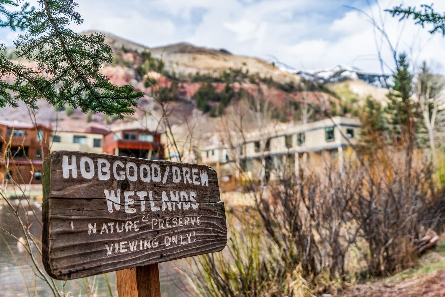 Wooden sign for Hobgood/Drew Wetlands Nature Preserve viewing area with mountain backdrop in a scenic outdoor setting.