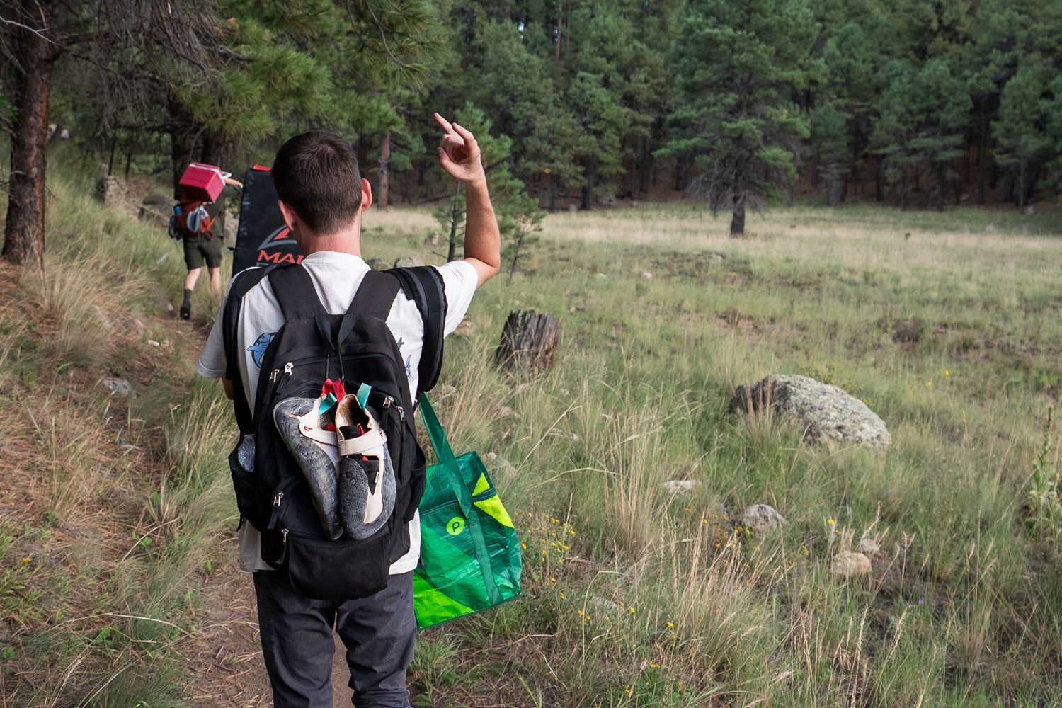 Hiker with a large black backpack and green bag walks a dirt trail through a sunlit grassy meadow toward a pine forest.
