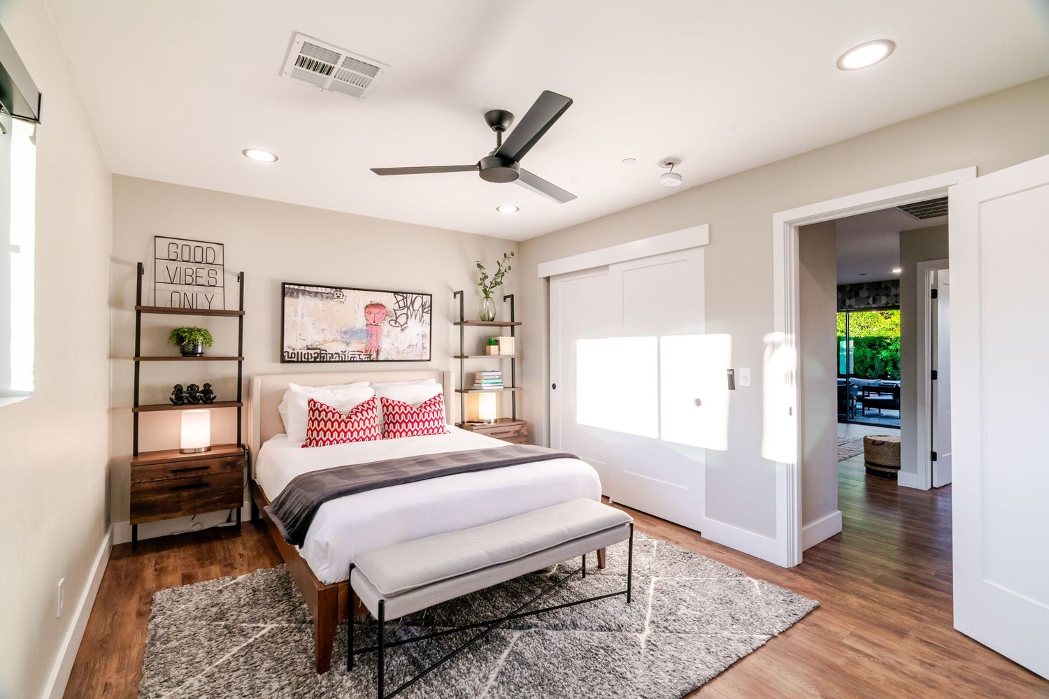 Modern apartment interior collage showing bright bedrooms, living spaces and bathrooms with contemporary furnishings.