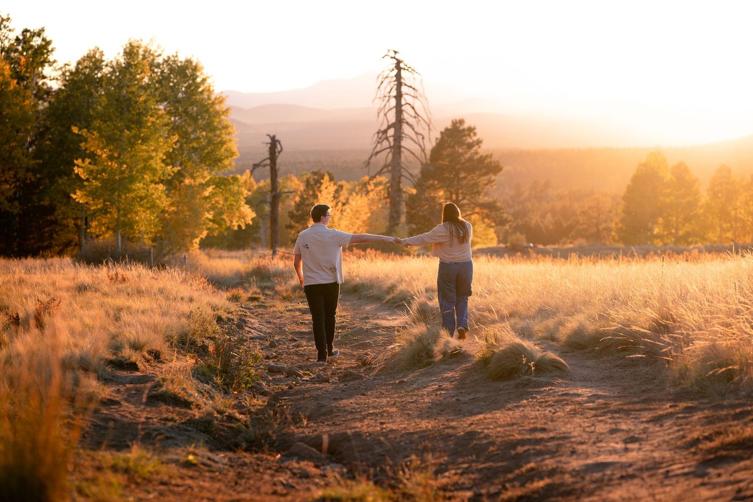 Couple walking hand in hand along a dirt trail through golden grass and pine trees at sunset.