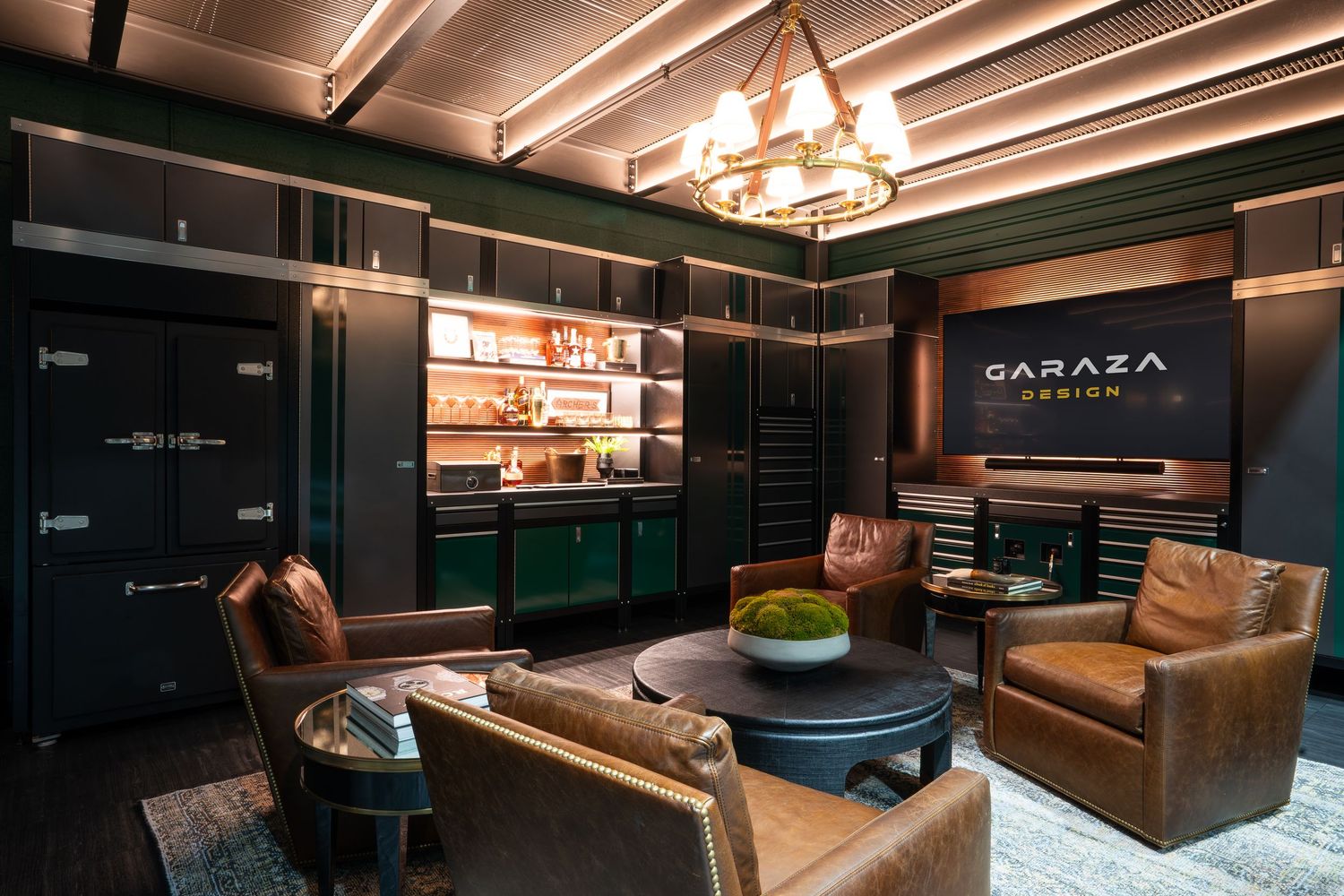 Cozy entertainment room with leather seating, ambient lighting, and dark wood paneling.