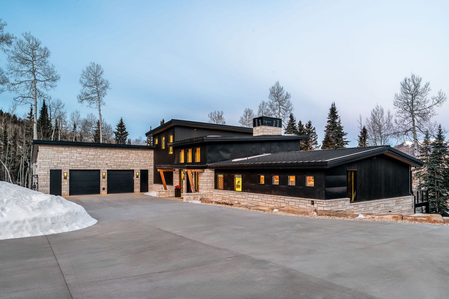 Modern black residential house with large windows and wooden accents nestled among tall trees in a snowy landscape.