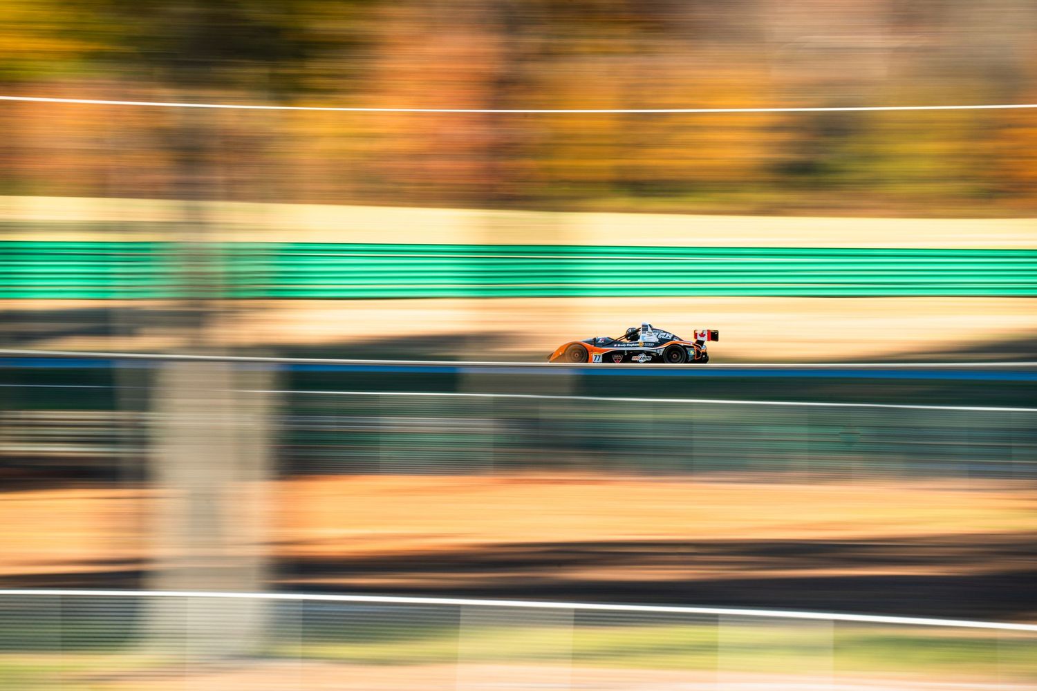 Motion-blurred racing car speeding past on a professional race track.