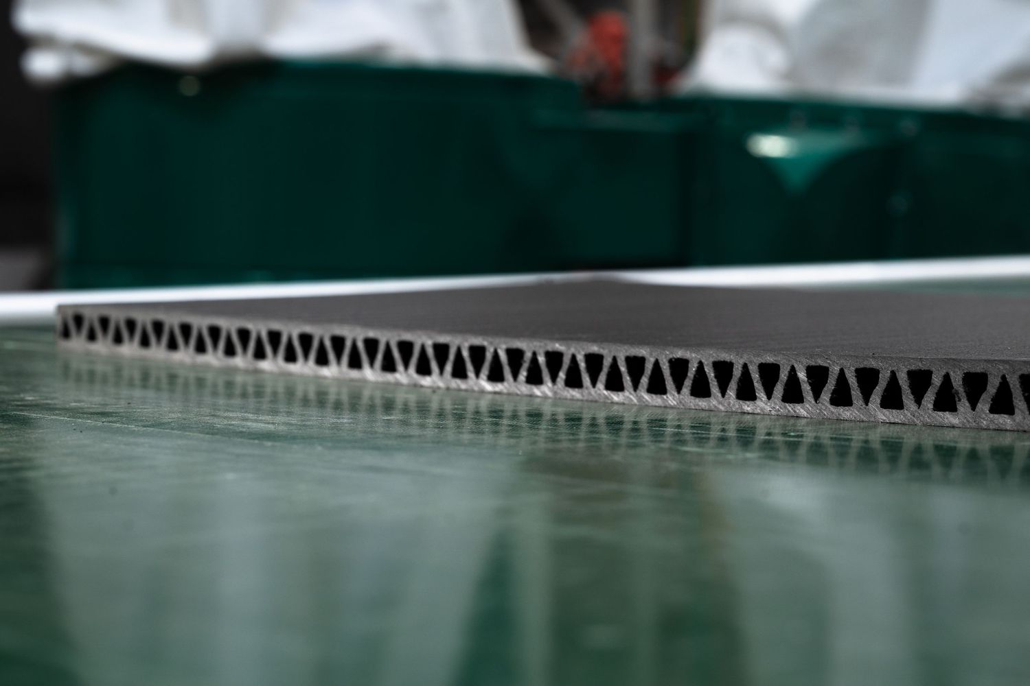 Macro view of corrugated material showing honeycomb internal structure.