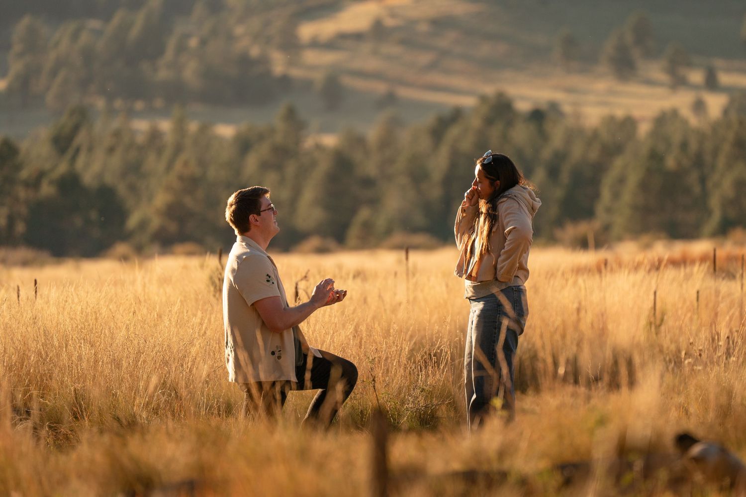 Man kneeling on one knee proposes to a woman in a golden grass meadow with forested hills in the background.