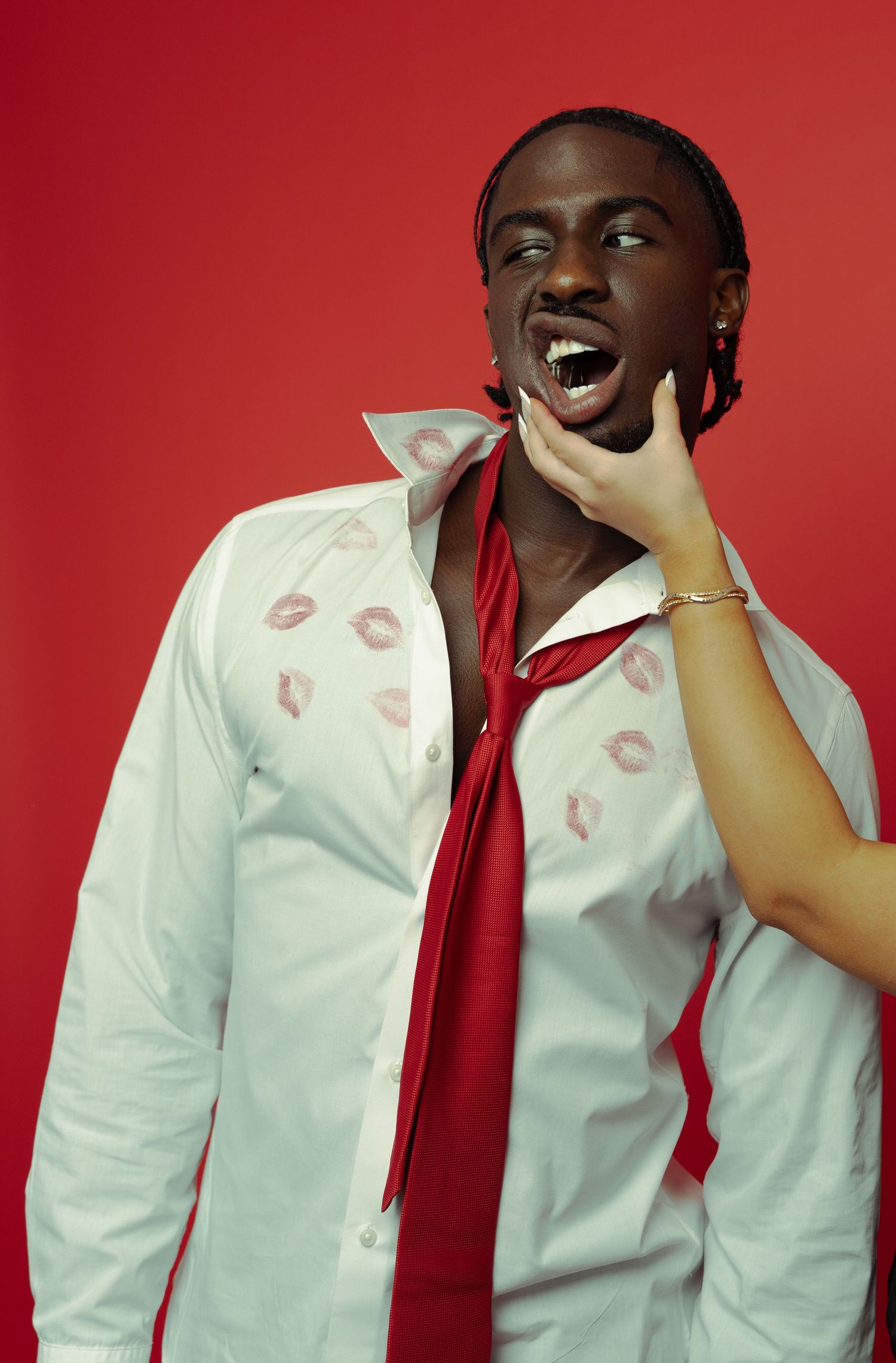 Valentine's themed portrait series with white shirt, red tie, and playful expressions.