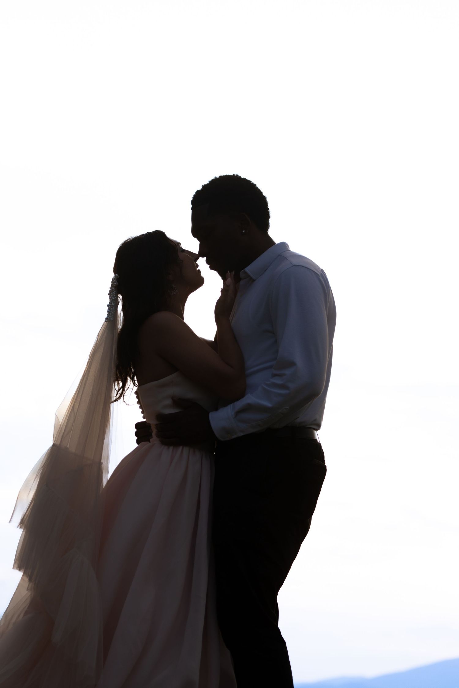 Romantic silhouettes of a couple against a bright white background.