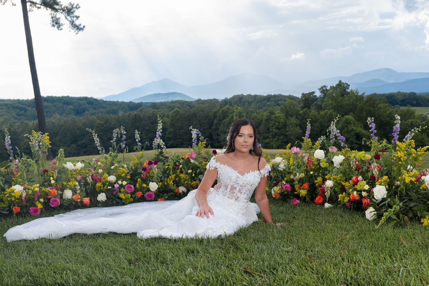 Bride in white dress poses against colorful wildflower garden with mountain vista in background.