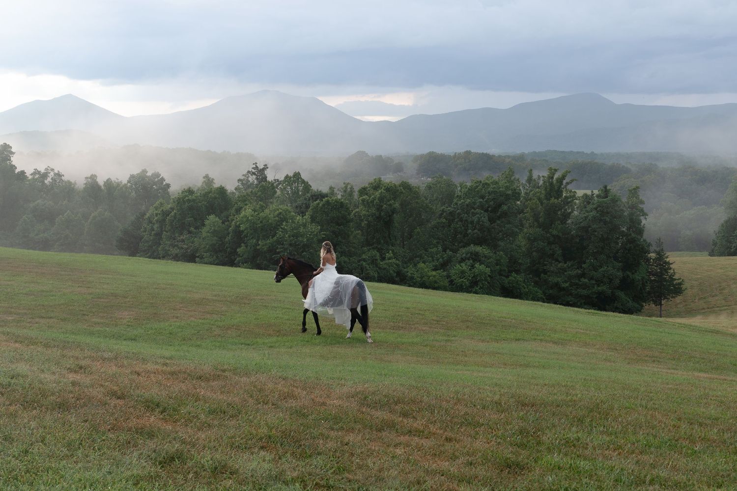 Rolling green hills and misty mountain landscape on a cloudy day.