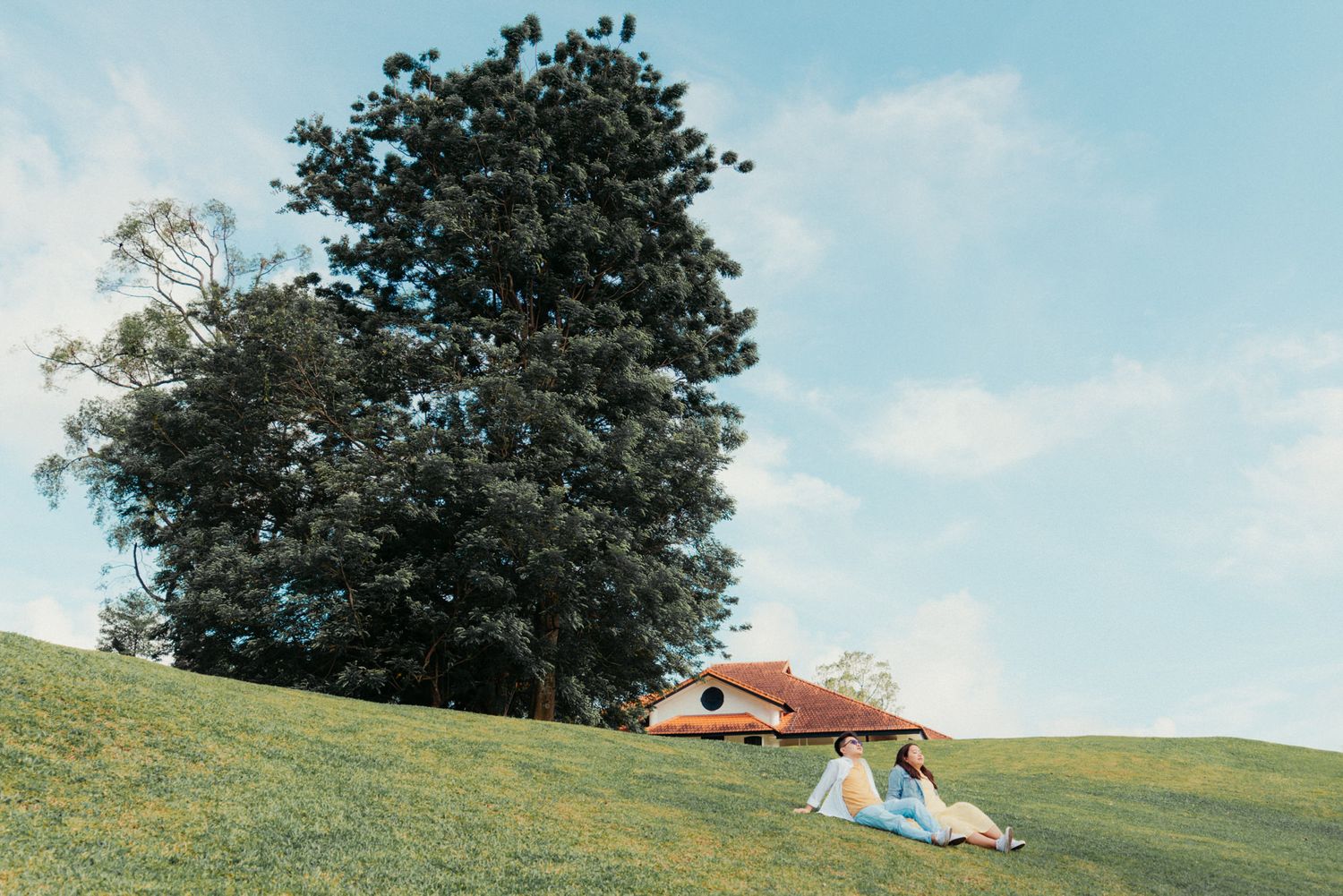 Two people relaxing on a green hillside near a hobbit-style tent under a large tree on a sunny day.