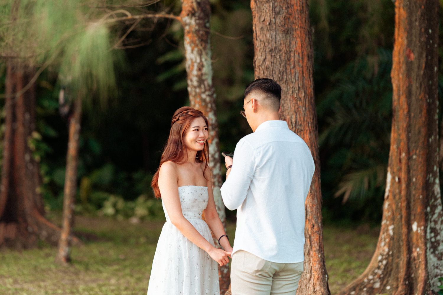 Romantic photoshoot among tall pine trees in natural setting.