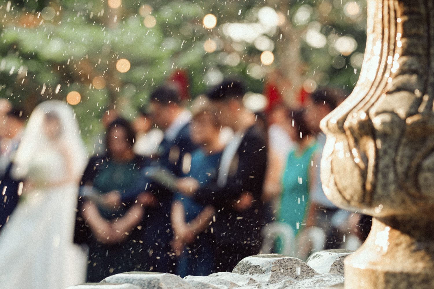 Wedding guests toss confetti in celebration as newlyweds walk through a beautiful outdoor garden setting.