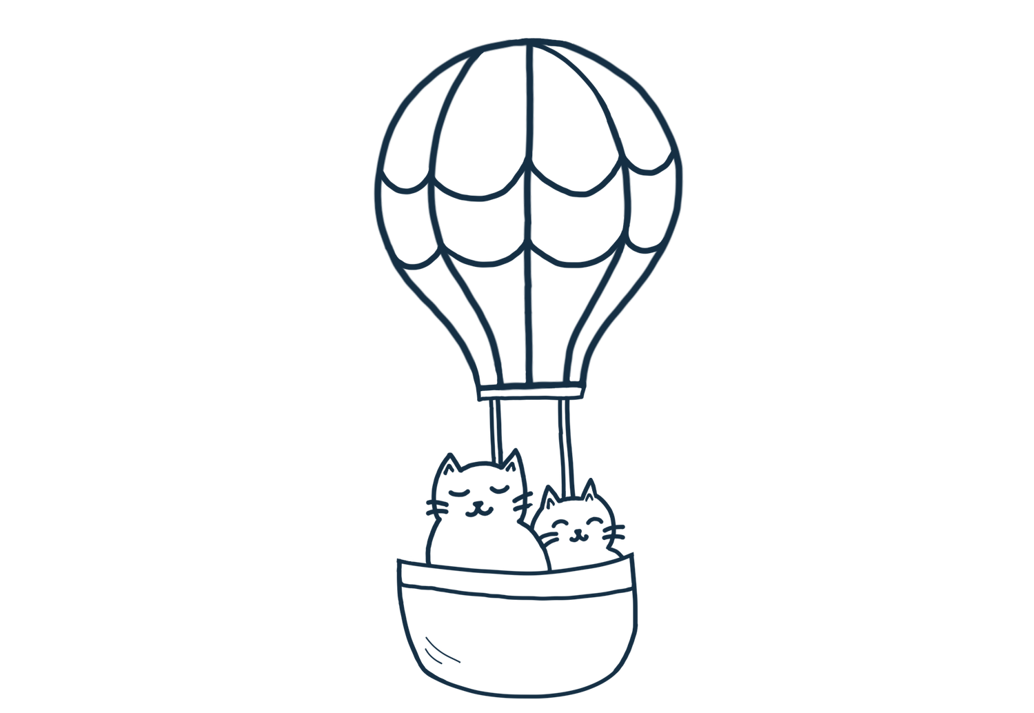 Cute cartoon cats riding in a hot air balloon basket, whimsical line art illustration in navy blue.