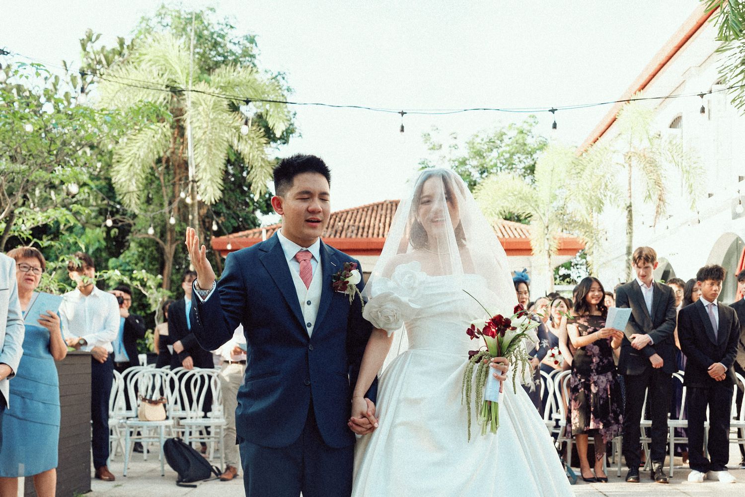 A series of wedding celebration photos showing outdoor ceremony and reception moments with guests and decor.