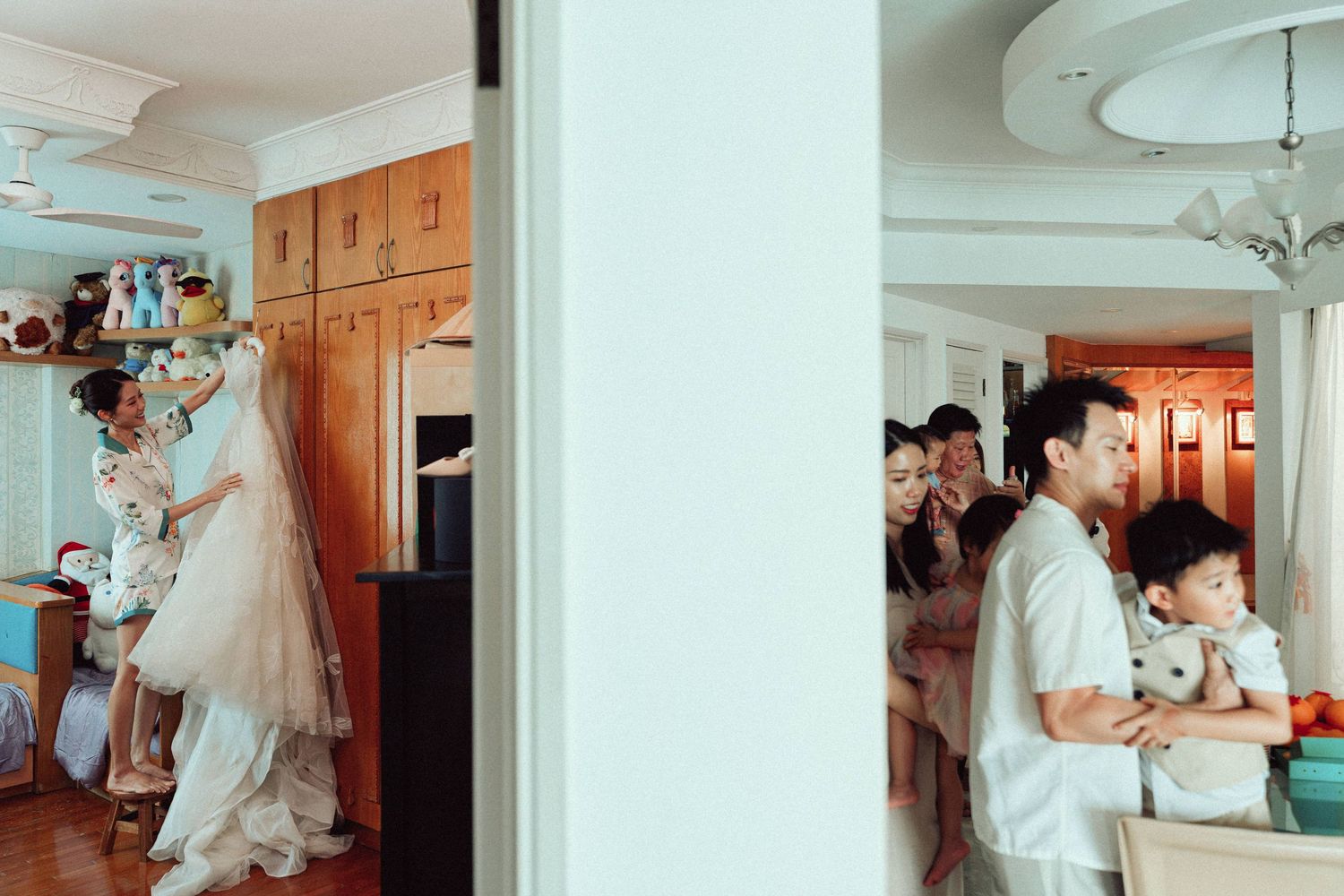 Split view of wedding preparation scenes in a home interior.