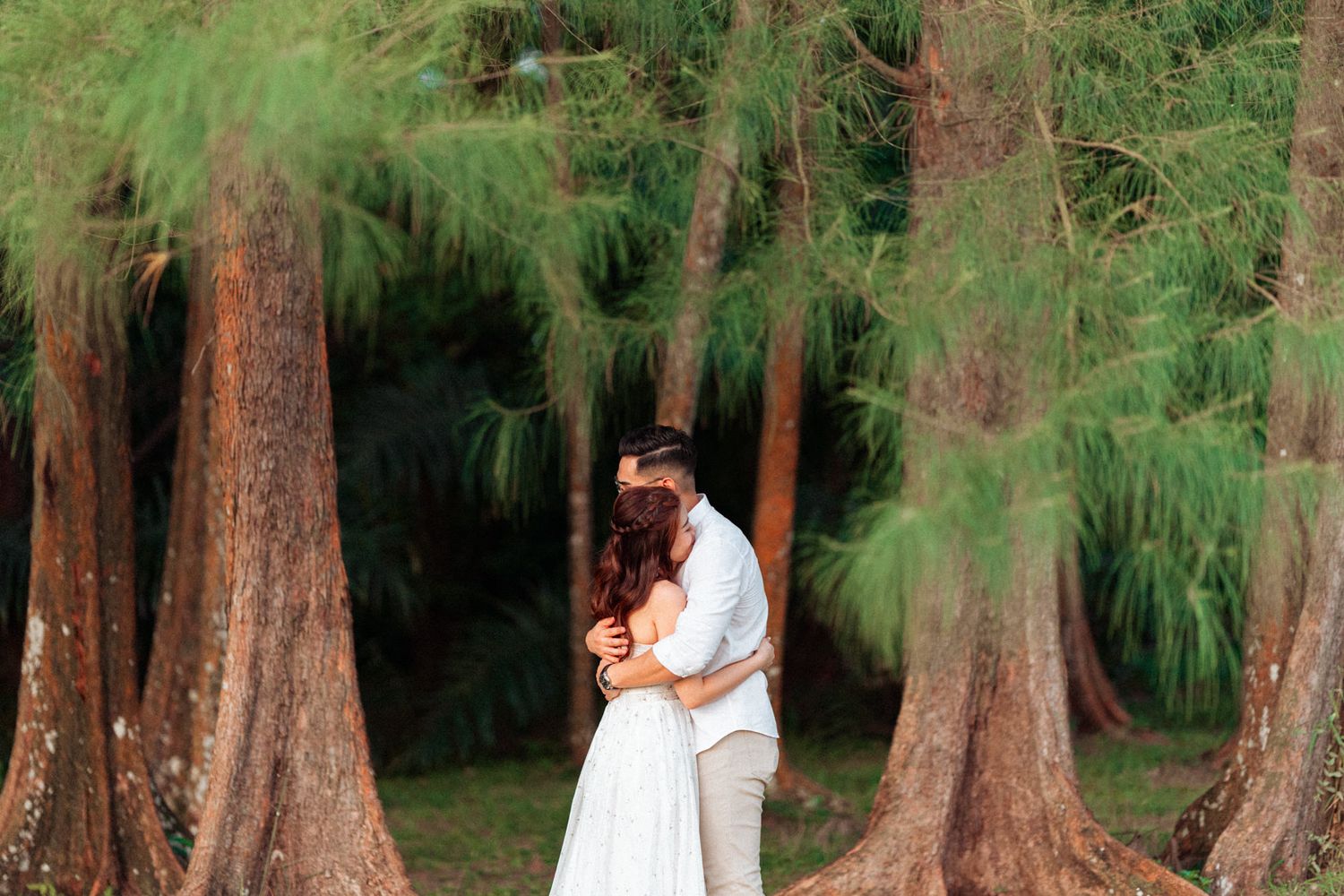 A couple shares an intimate moment among tall pine trees in a forest setting.
