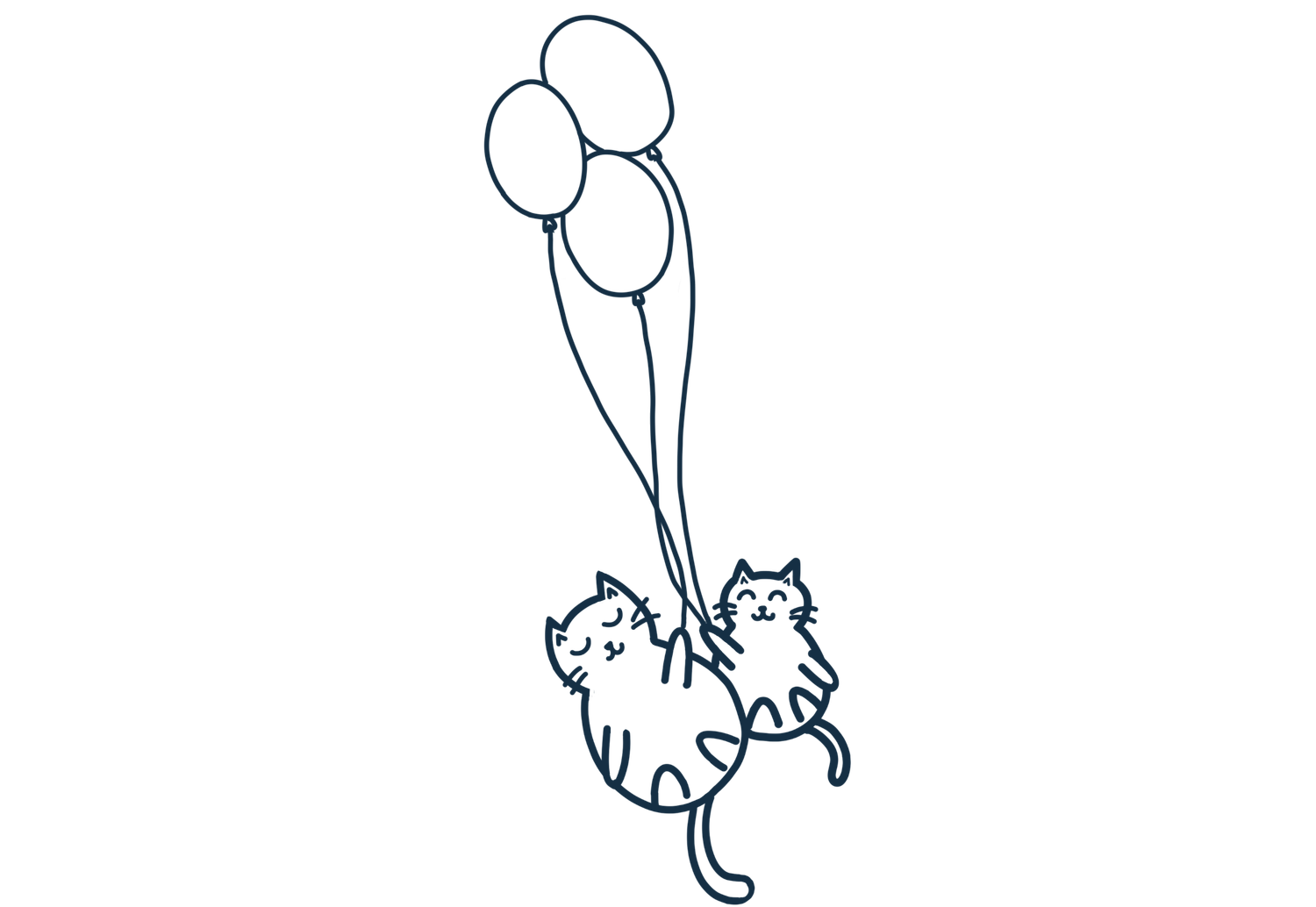 Two cute cats floating in the air while holding colorful balloons, illustrated in a simple line art style.