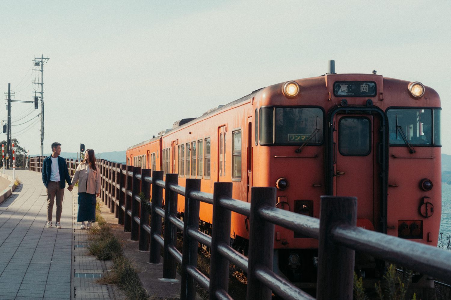 Red vintage train cars line up along railway tracks against a clear sky.