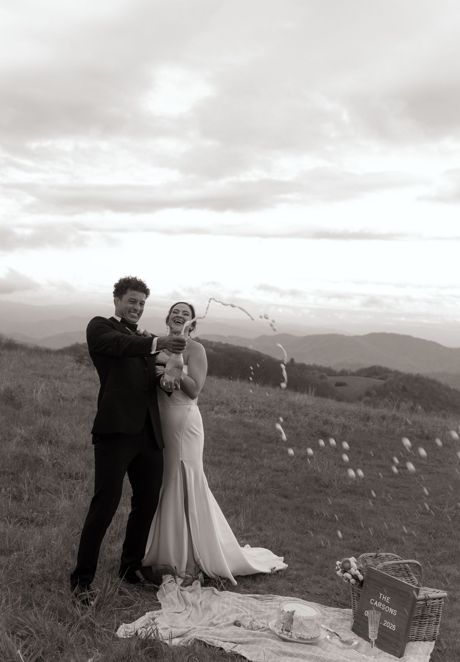 Black and white wedding photo on hilltop with mountains in background.