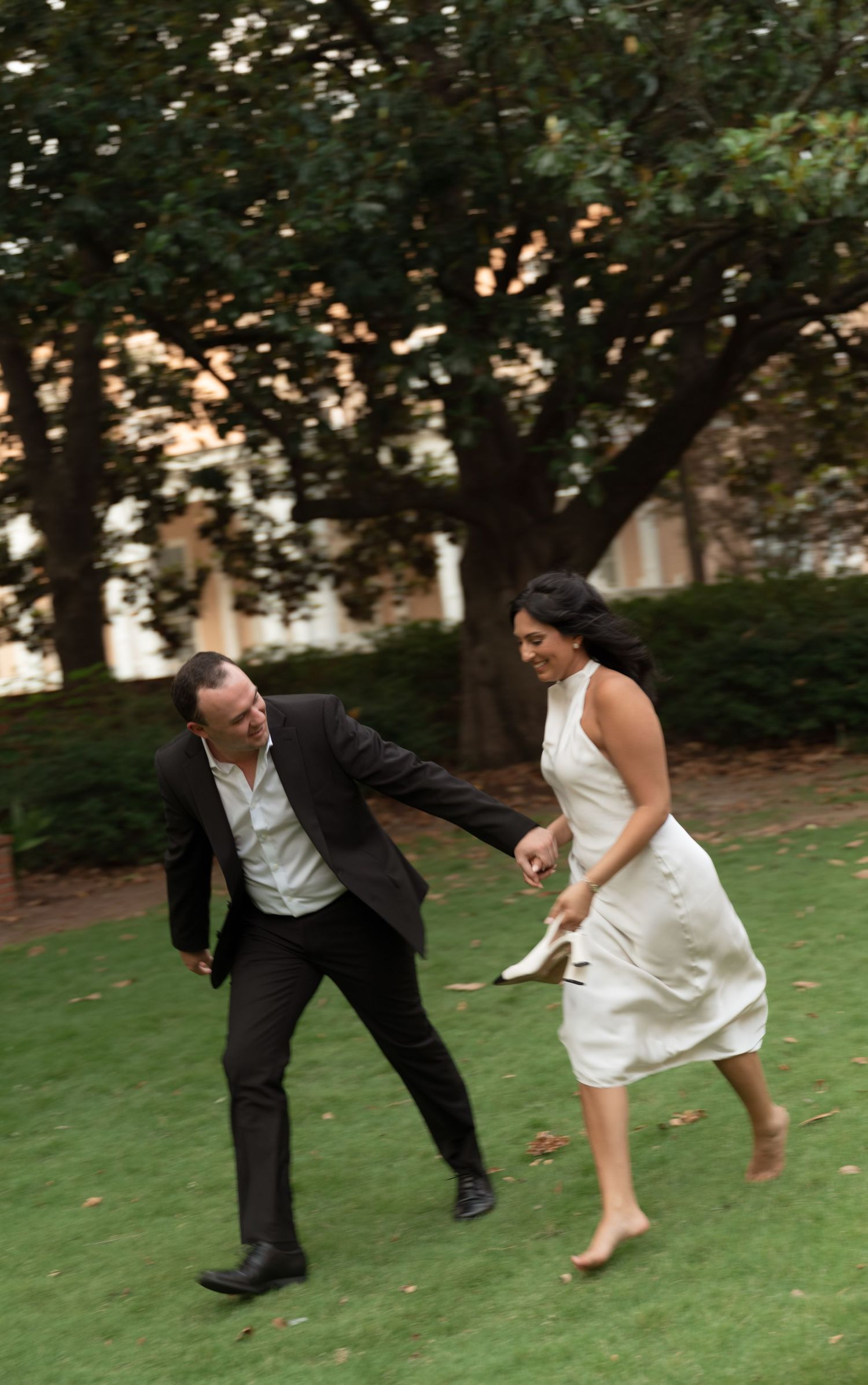 Playful sequence of wedding photos showing a couple dancing and playing on grass outdoors.