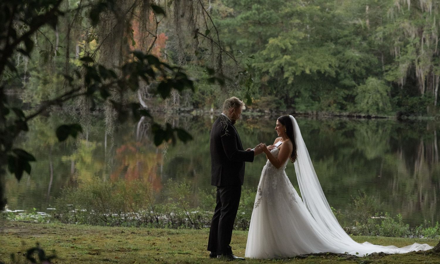 Wedding photo sequence with white dress against lakeside backdrop and Spanish moss.