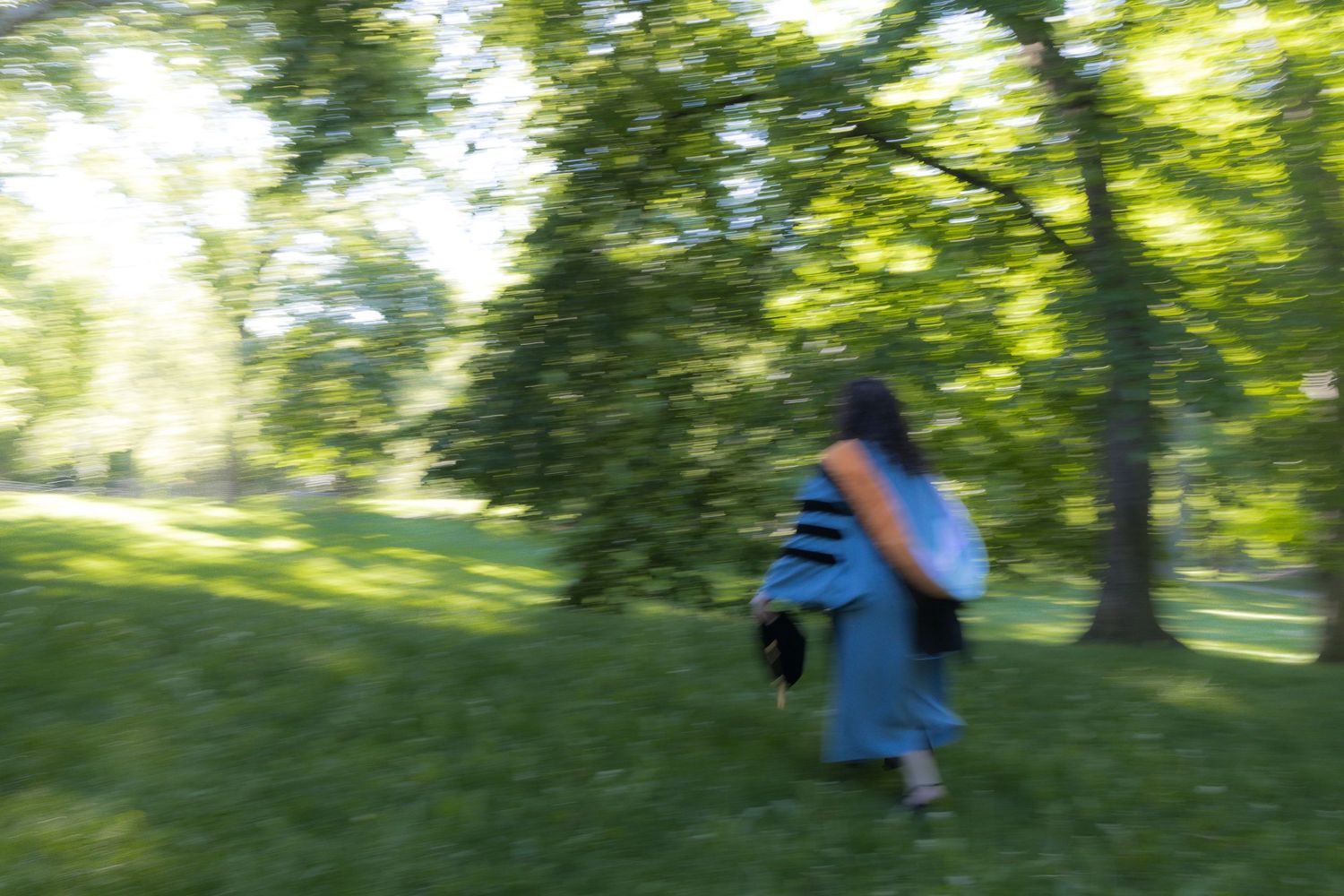 Blurred motion shot of a woman in a blue dress walking through a lush green park with tall trees.