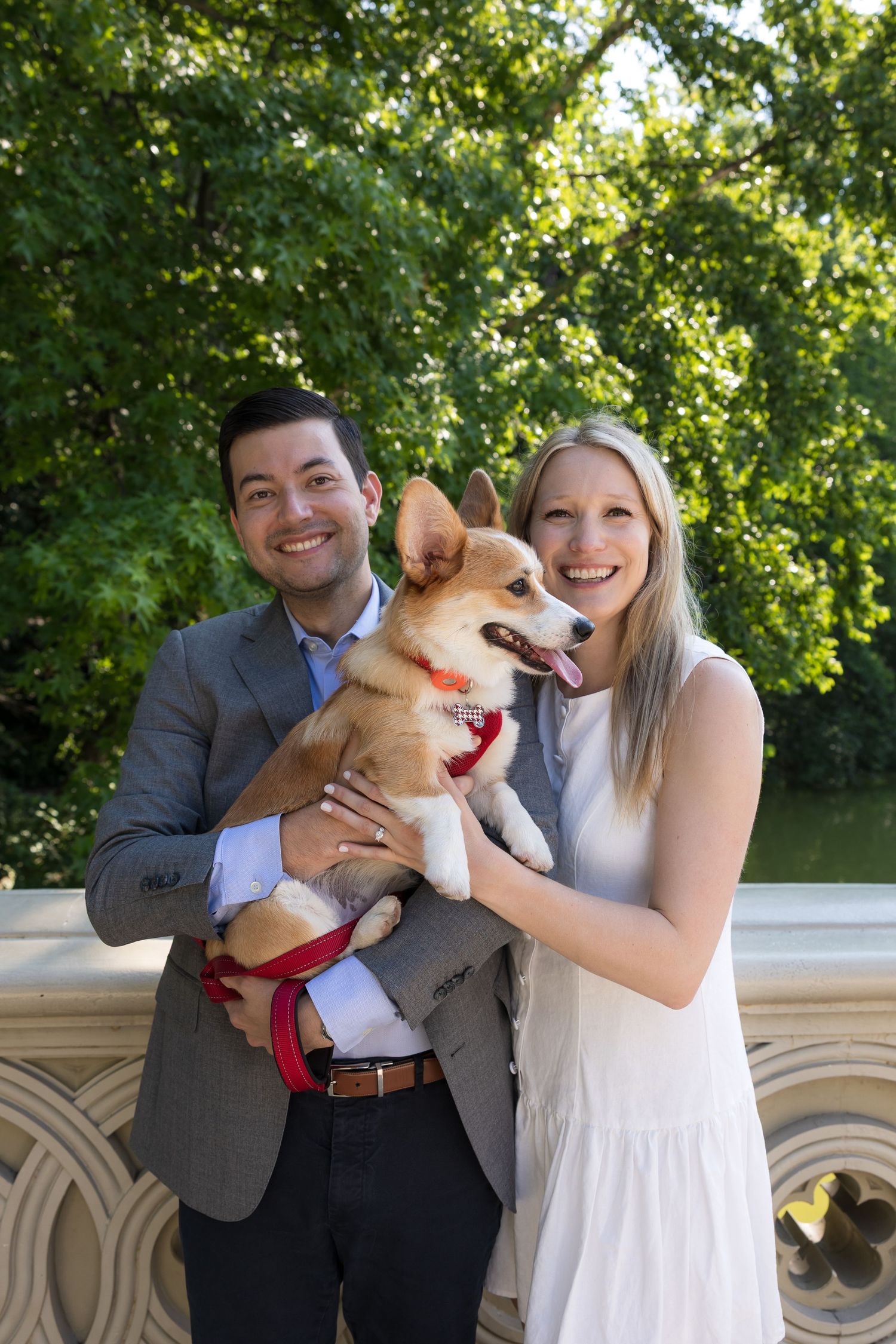 Smiling couple holding an adorable Corgi dog on Bow Bridge in Central Park, NYC.