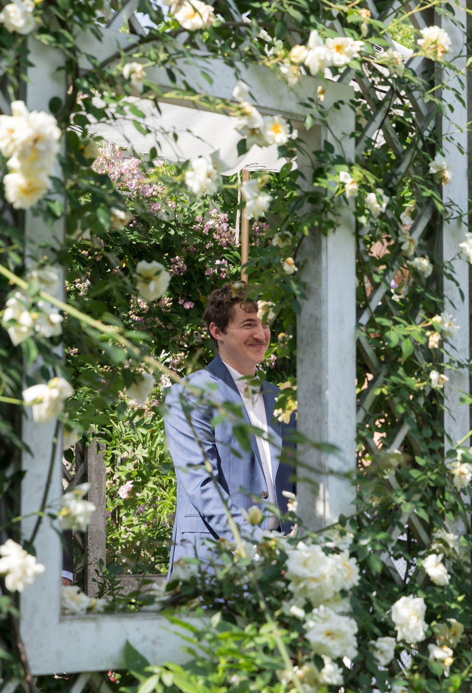 A smiling man in a light blue suit stands framed by a white garden trellis covered in blooming white roses.