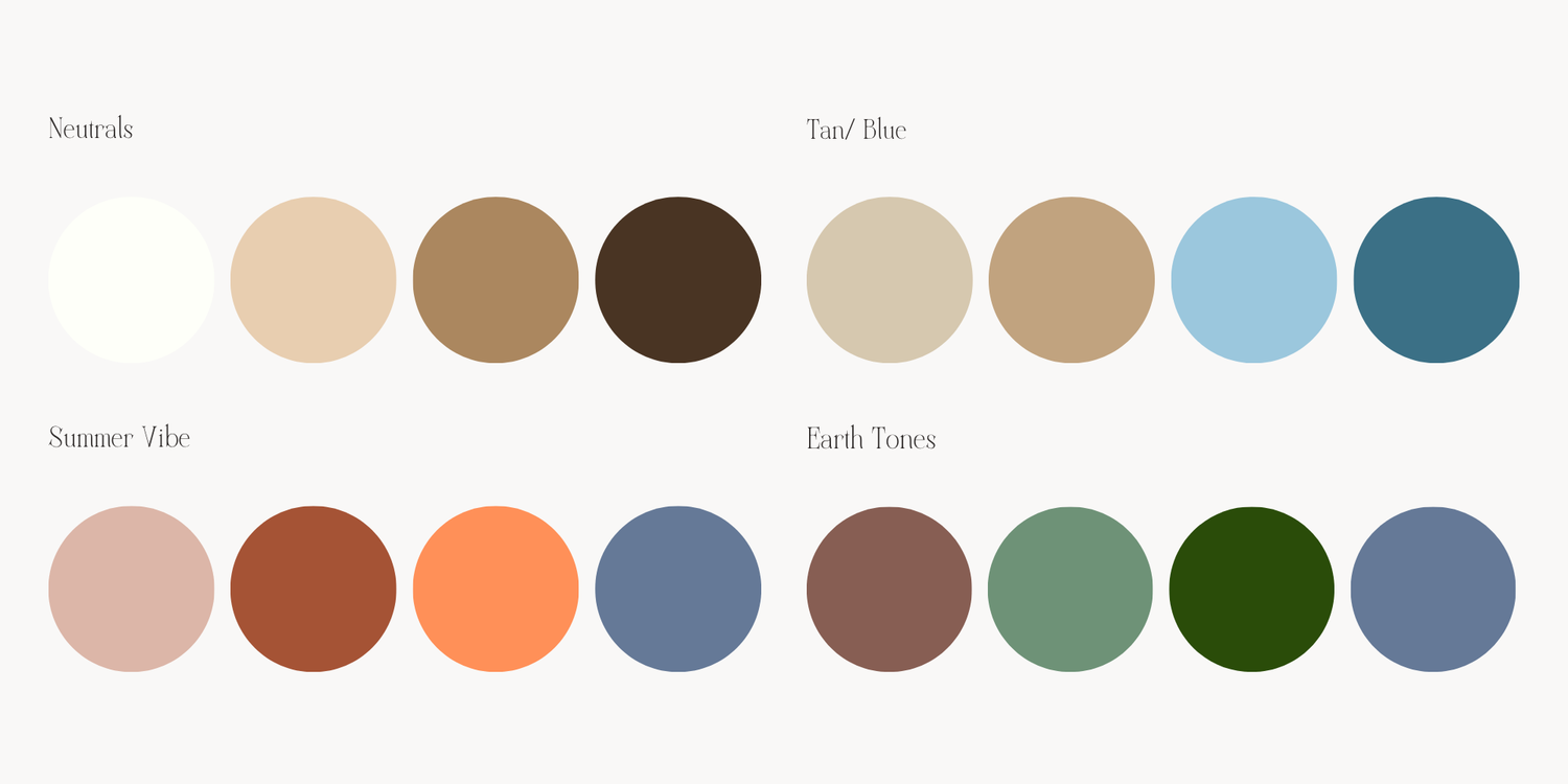 Color palette swatches showing Neutrals, Teal Blue, Summer Vibe, and Earth Tones in warm beiges, blues, oranges, and greens.